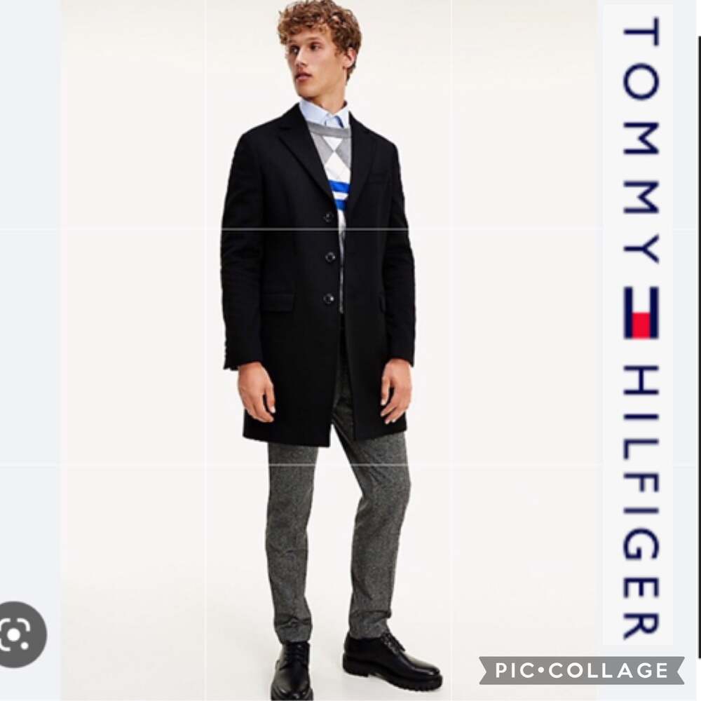 Tommy Hilfiger Men's preppy black wool pea coat gray quilt lined  size XL